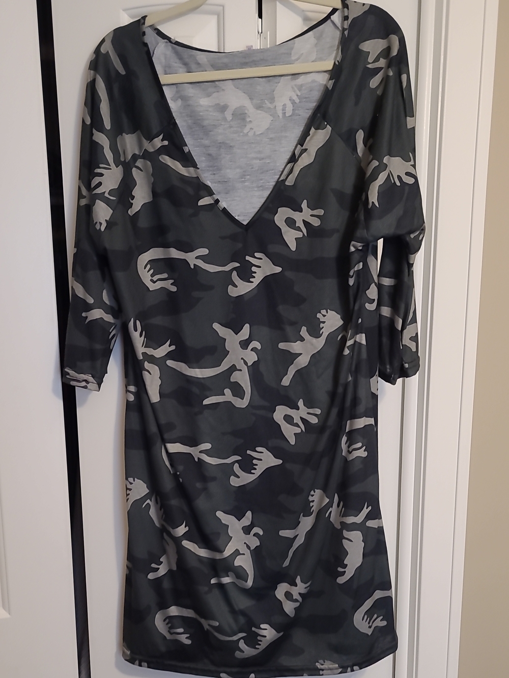 V-Neck Midi Dress in Gray Camouflage Print
